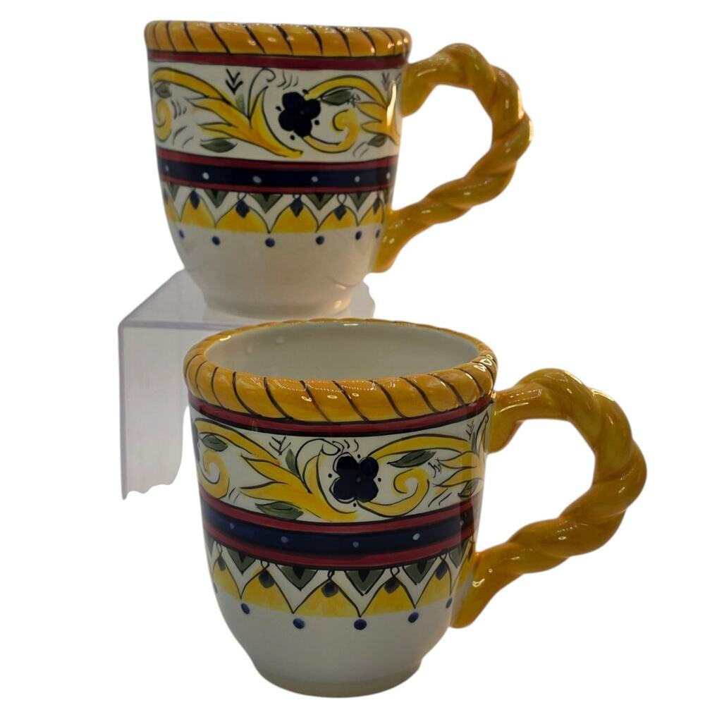 Dario Farrucci Designs Ceramic Mugs, Twisted Handle Yellow Folk Floral Set VTG
